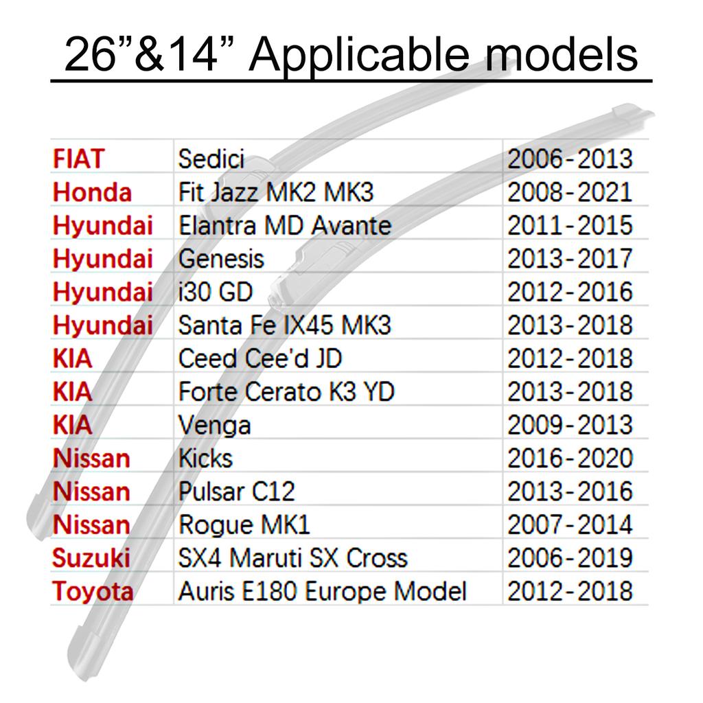 Car Front Windshield Wiper Blades 26" + 14" J Hook U-type Universal For FIAT Honda Hyundai KIA Nissan Suzuki Toyota