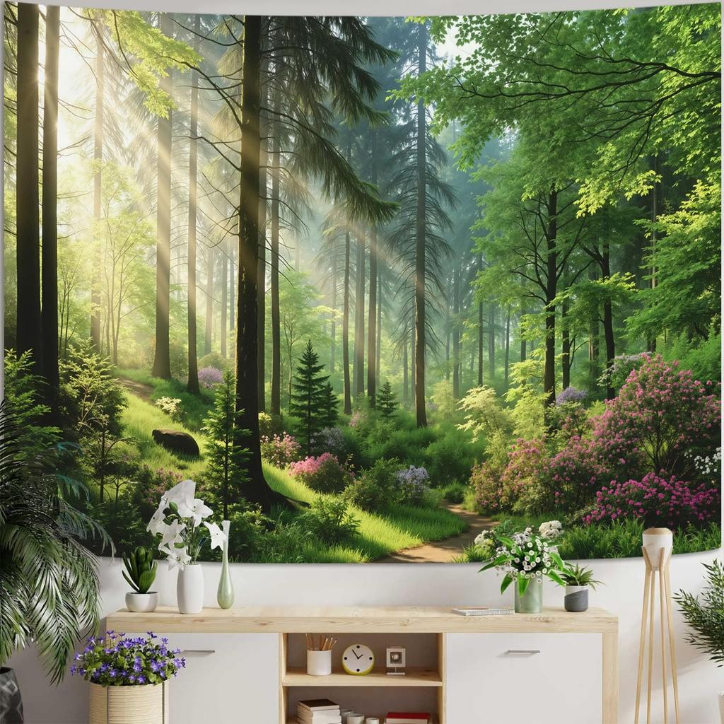 Aesthetic Sunlit Forest Path Tapestry, Lush Green Trees Blooming Flowers Nature Wall Hanging, Rustic Zen Landscape Tapestry