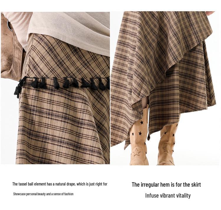 Women's Irregular Plaid Tassel A-line Skirt with Embroidery - High Waist, Slimming Fit, Mid-length for Autumn/Winter