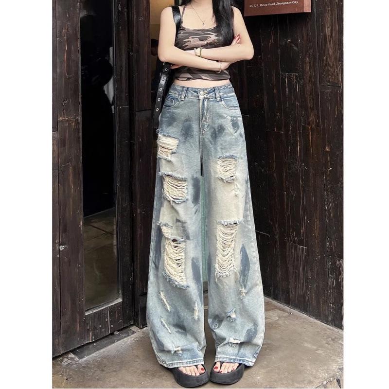 Damen Retro High-Waist Ripped Wide-Leg Jeans - Sommer Dünn & Distressed Bodenlang