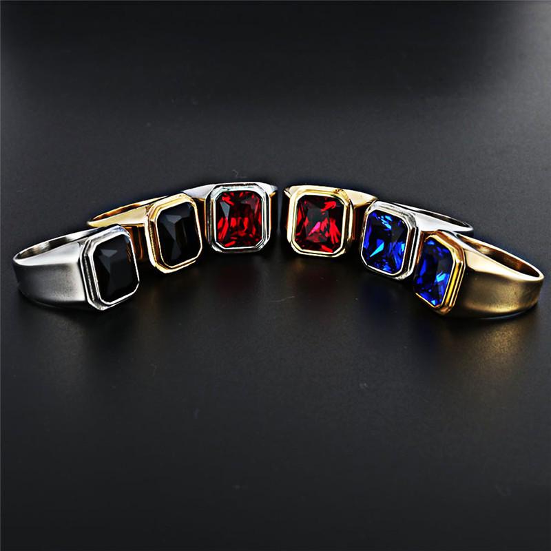 Titanium Steel Square Gem Ring - Red & Black Sapphire Punk Rock Design