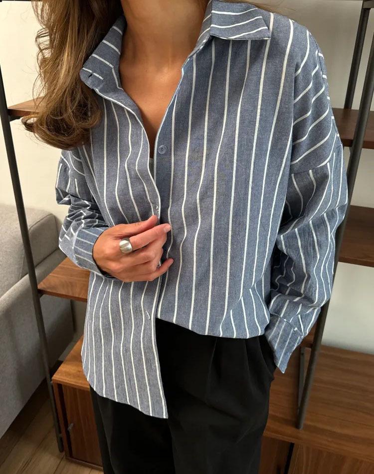 2025 Autumn/Winter Women's Long-Sleeved Striped Cardigan Shirt Jacket