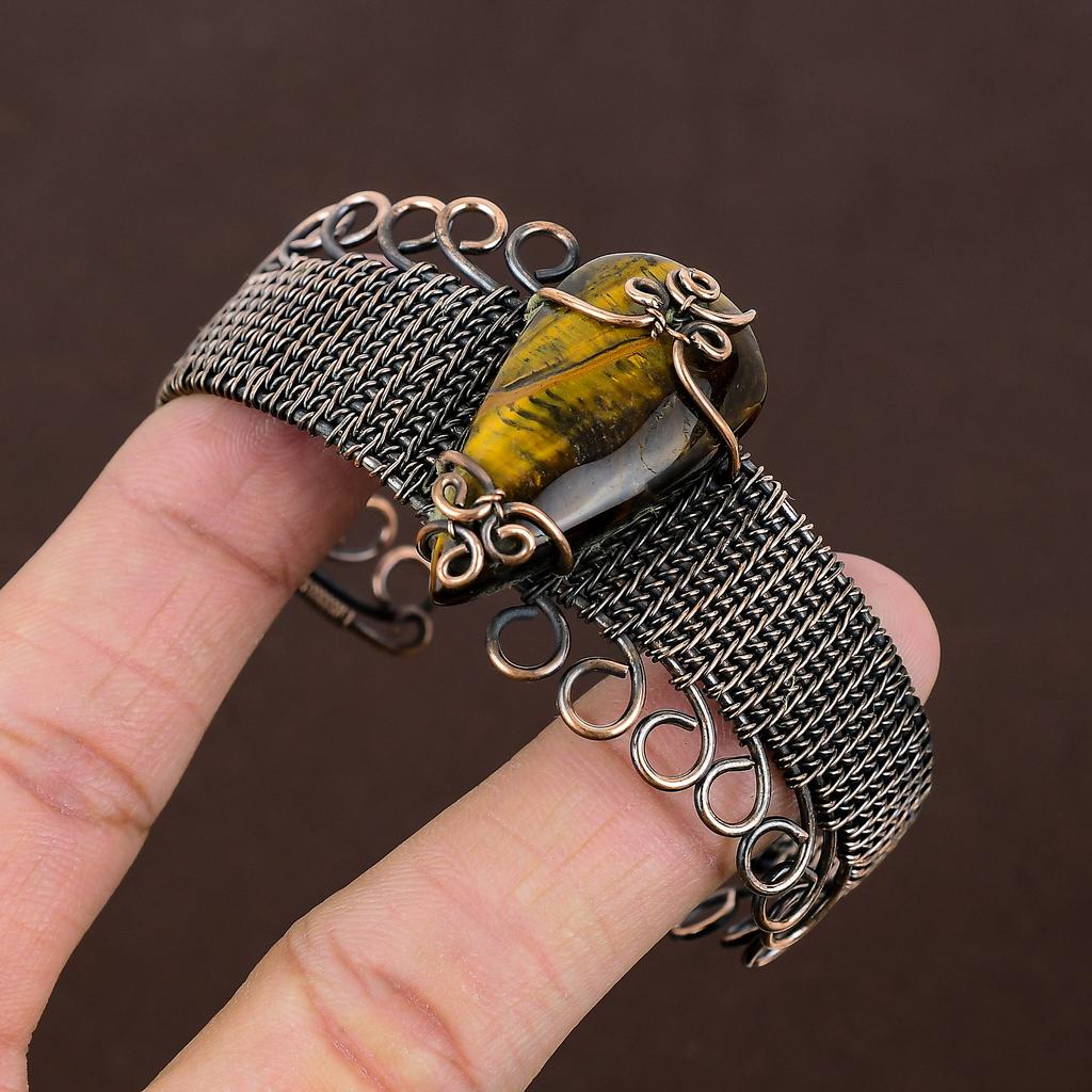 Natural Tiger Eye Gemstone Handmade Copper Wire Wrap Bangle Adjustable Q4r99