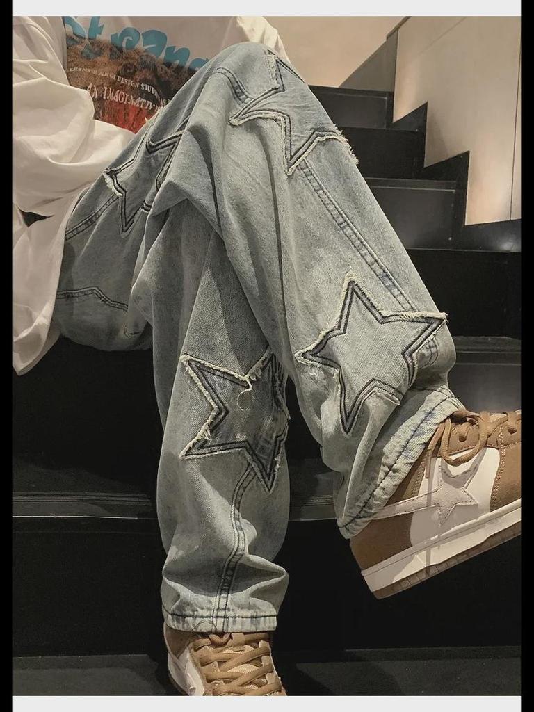 Men's Blue Star Patch Loose Straight-Leg Jeans - High Street Summer Fashion