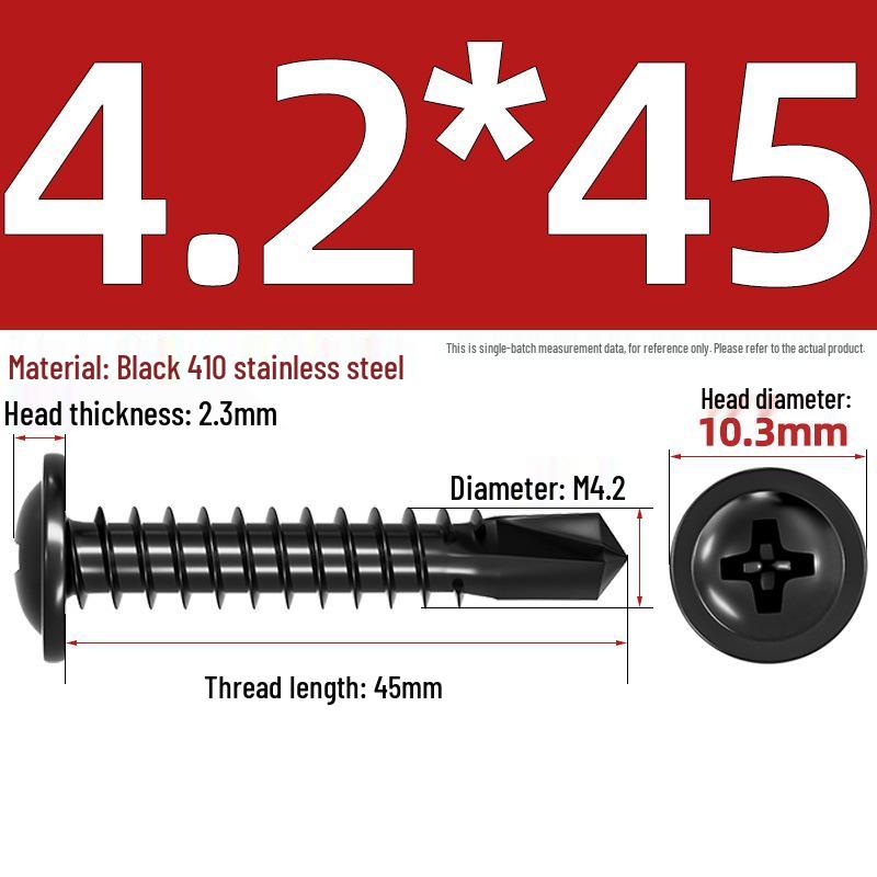 Black Phillips Flat Head Self-Tapping Screws with Washer, 410 Stainless Steel, 4.2M-4.8 Size.