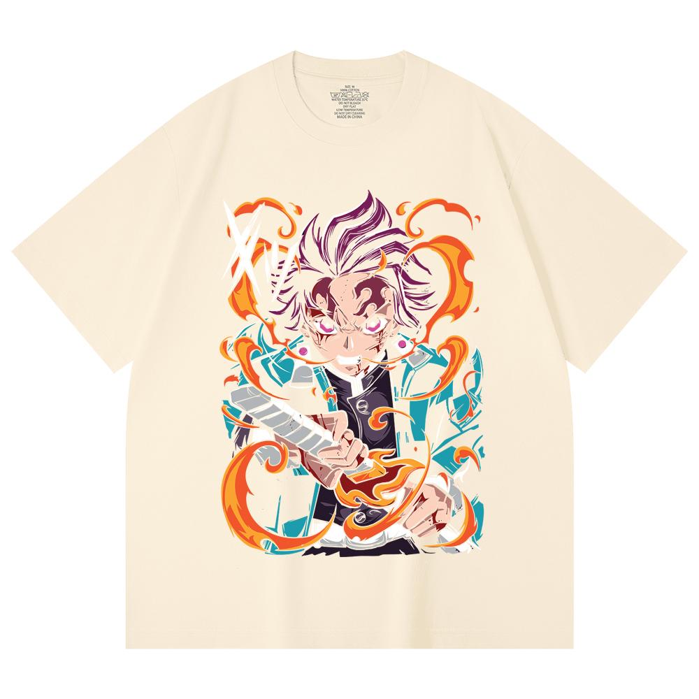 230 Gsm 100% Cotton Demon Slayer V64 Tanjiro Fire Breathing Print Unisex Heavy Cotton T Shirt