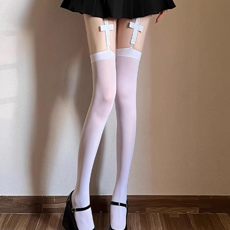 Neue Mode Gothic Kreuz Anhänger Damen Hosenträger Socken Einfarbige Dünne Oberschenkel Hohe Socken Lolita Anime Cosplay Über Knie Strümpfe