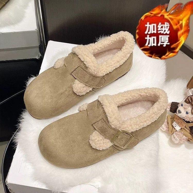 Vintage Birkenair velvet cotton shoes warm in autumn and winter fluffy shoes matte belt buckle flats comfortable snow shoes