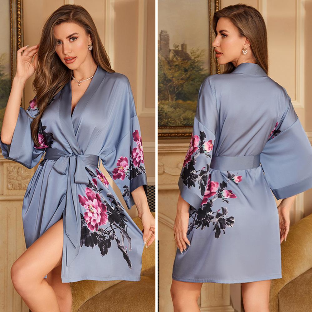 Yaoting Elegant Retro Chinese-Style Satin Nightgown for Women, Luxurious & Noble Home Bathrobe - Summer 3370.