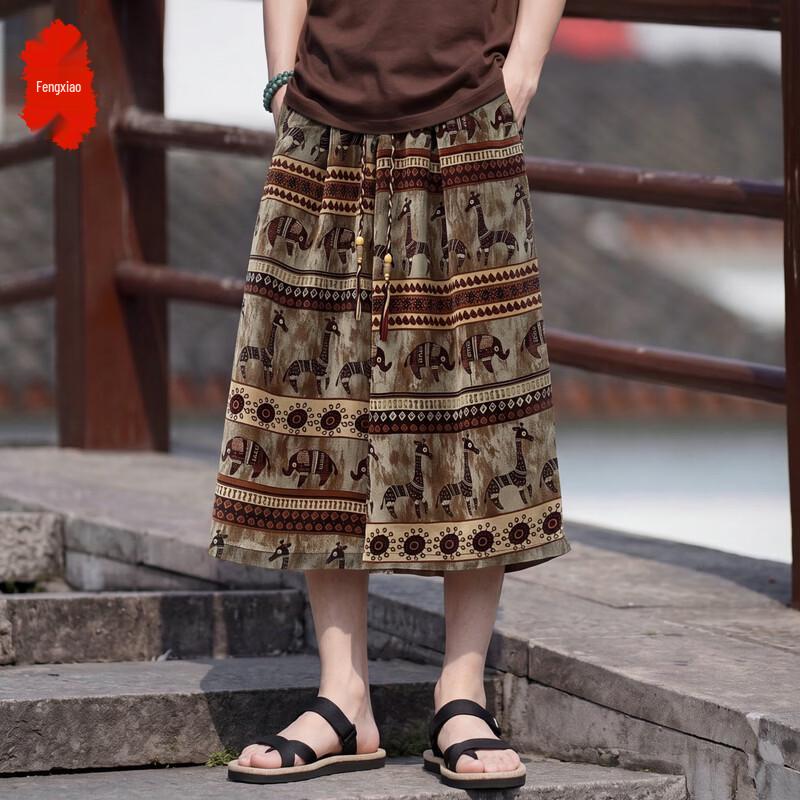 Men's Thai Elephant Print Plus Size Capri Beach Pants