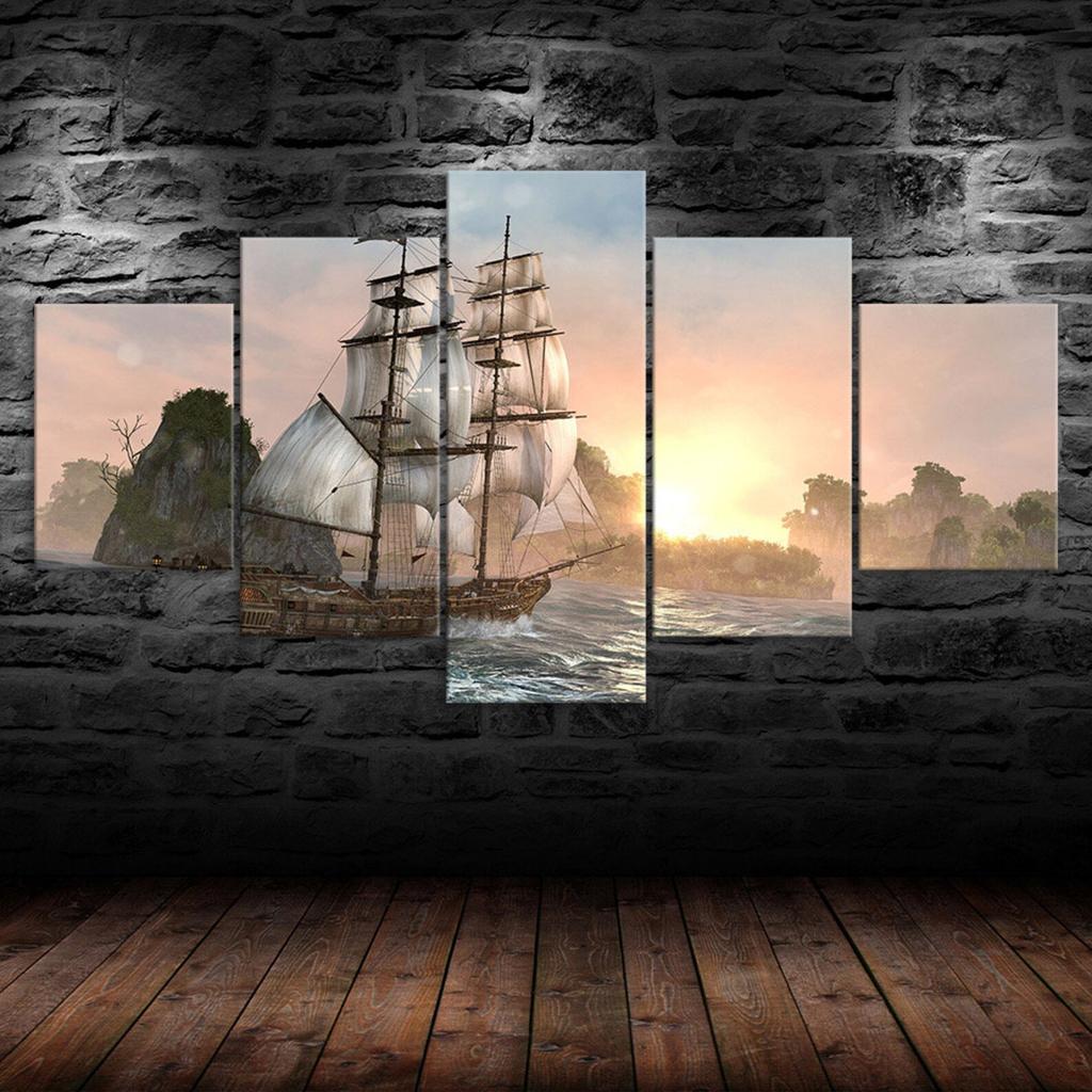 Sailing Ship Sunset Pirate Canvas 5 Piece Five Panel Wall Print Modern Art Poster Picture Home Decor Gift For Him For Her