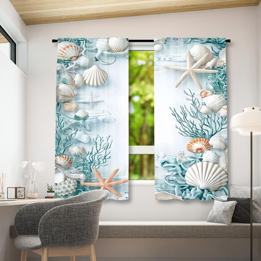 2PCS Digital Printed Curtains, Seashell Starfish Ocean Coastal Beach, Modern Home Decor Style for Living Room Bedroom Decor