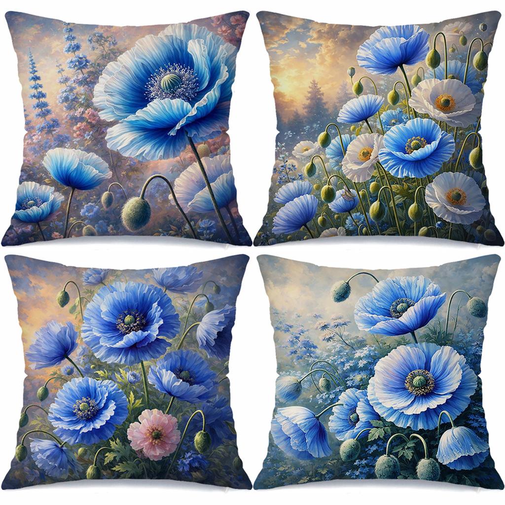 Blue Papaveraceae flower field digital printing pillow cover Short plush Suitable living room bedrooms sofas throw cushion cover