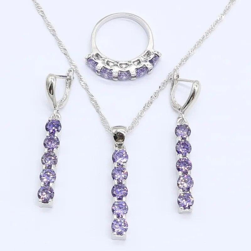 

Наборы ювелирных изделий с геометрическим фиолетовым цирконом для женщин, серебряное ожерелье, кулон, длинные серьги, кольца, подарочная коробка