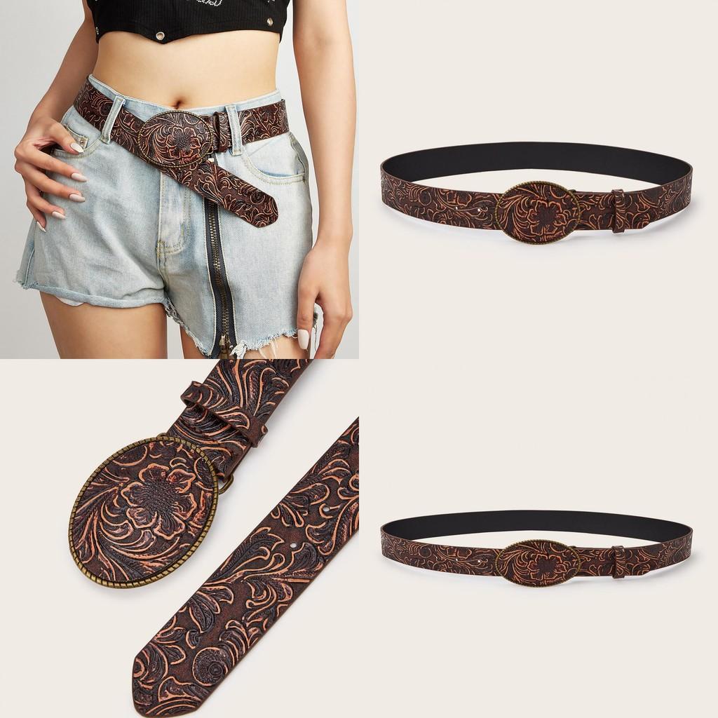 Fashion Retro Flower Pattern Oval Buckle Decoration Women Wide Belt For Hiphop Enthusiasts