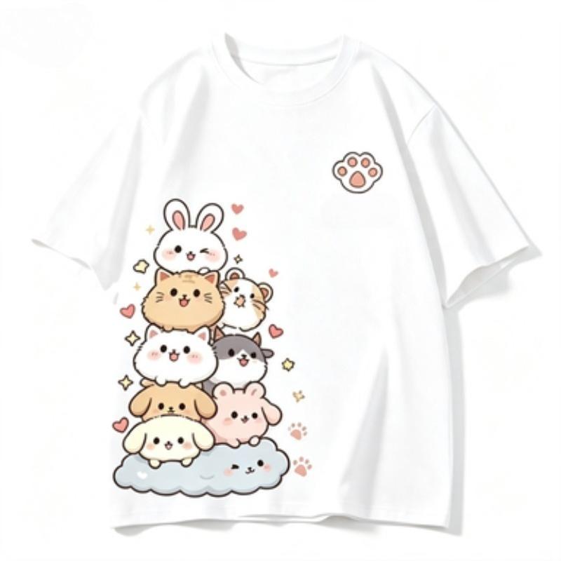 Kawaii Pet Club Graphic Tshirt Unisex Cute Rabbit Cat Dog Print O Neck Short Sleeve Tee Casual Loose Summer Streetwear Tops