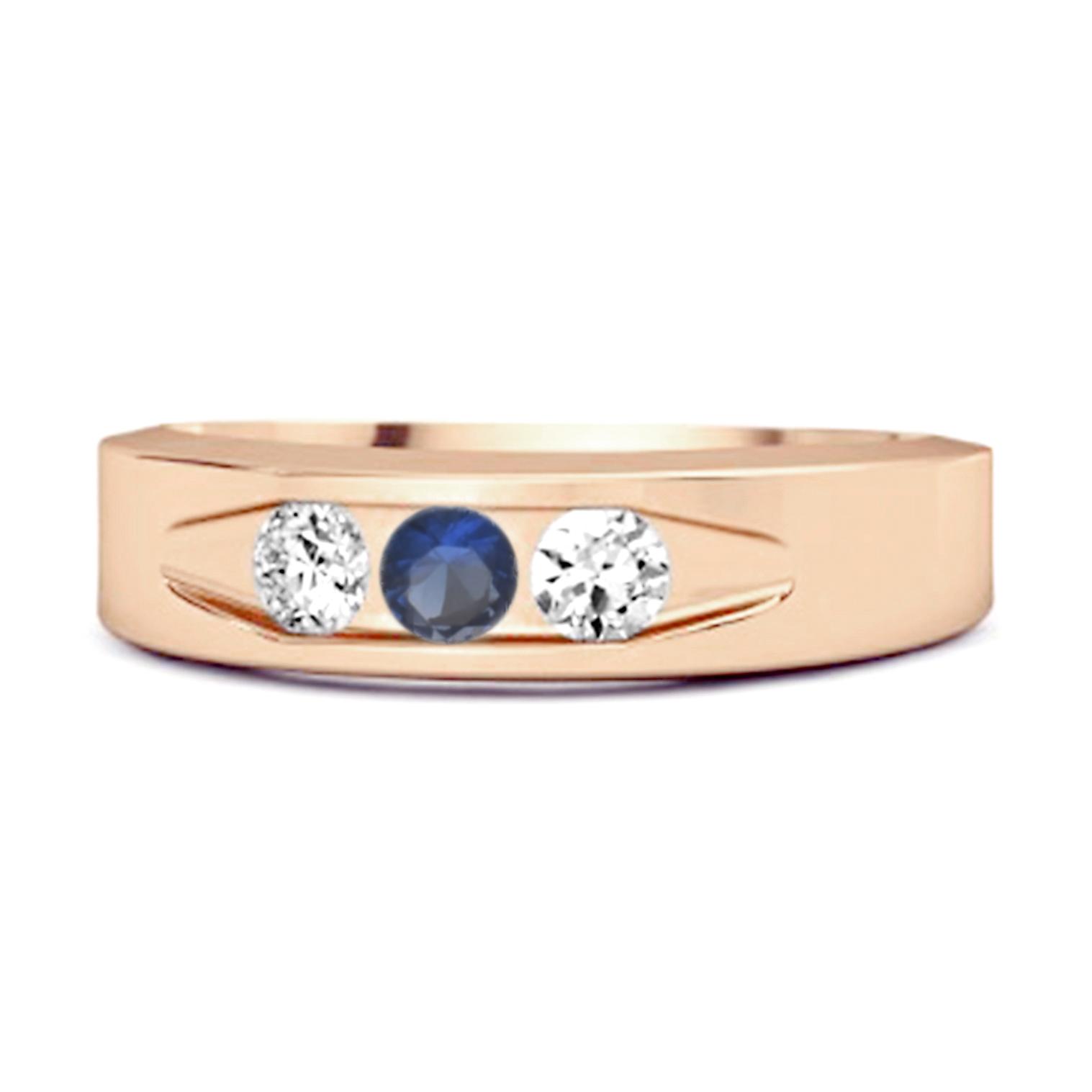 Blue Sapphire Three Stone Band Ring - 925  Sterling Silver Rose Gold Vermeil 10.5
