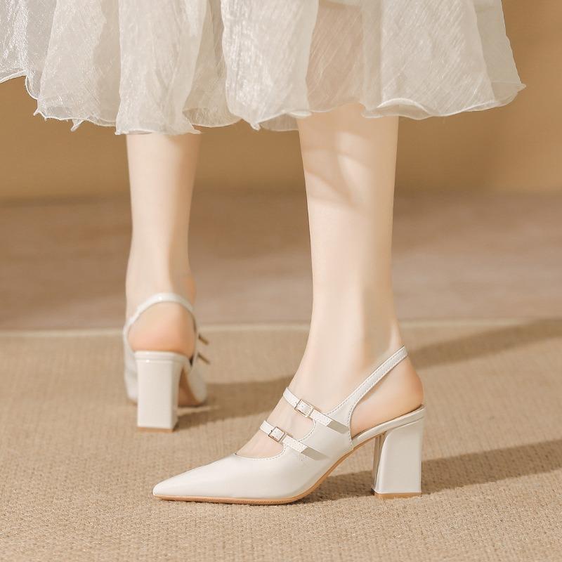 Nude high heels female pointed new autumn patent leather back empty temperament single shoes fairy thick heel summer sandals