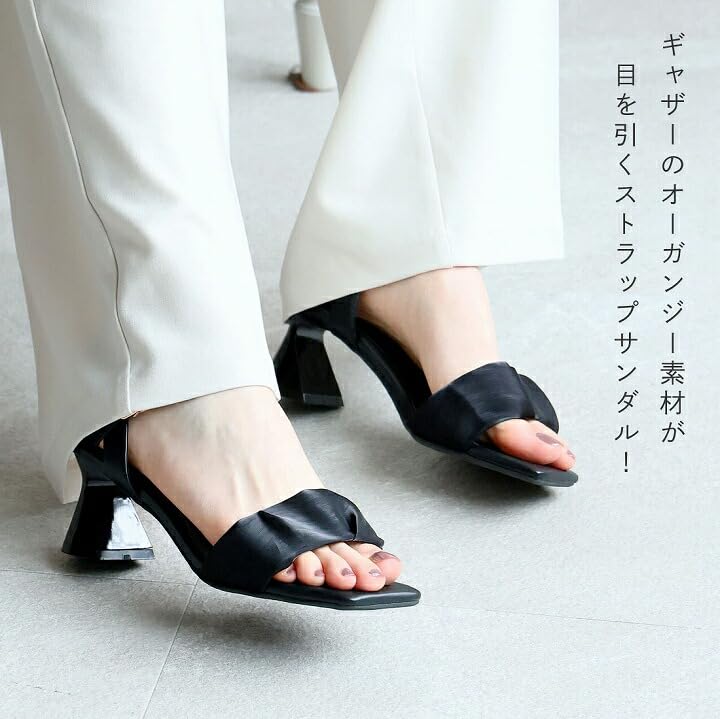 Vivian Organza Tulle Sheer Ankle Strap Sandals with 6cm Chunky Size S V64105SM Women's Heel, Black, (22.0-22.5cm),