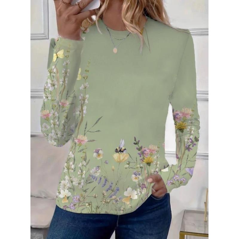 Fashion Women's Flower Graphic O-Neck Long Sleeve T-Shirt Y2K Casual Tops Womens Clothing Harajuku Female Clothing Pullover