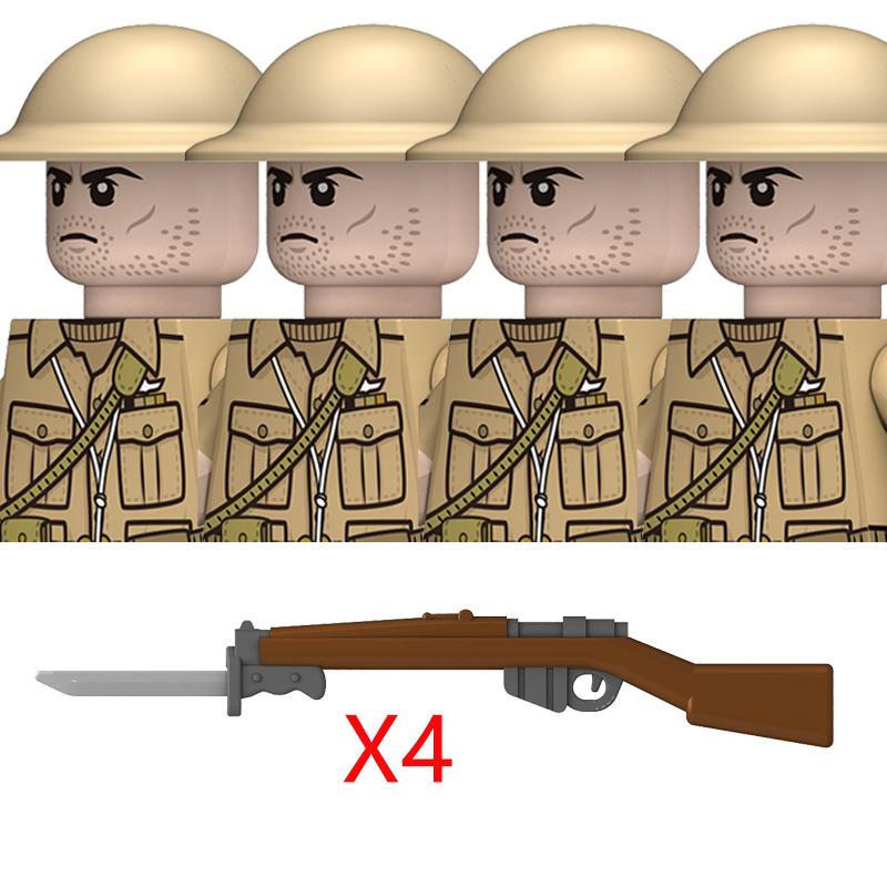 4pcs MOC WW2 Britain Military Soldeirs Building Blocks Air Force Army Infantry Helmets Weapons Gun Accessories Bricks Toys Boys Gift