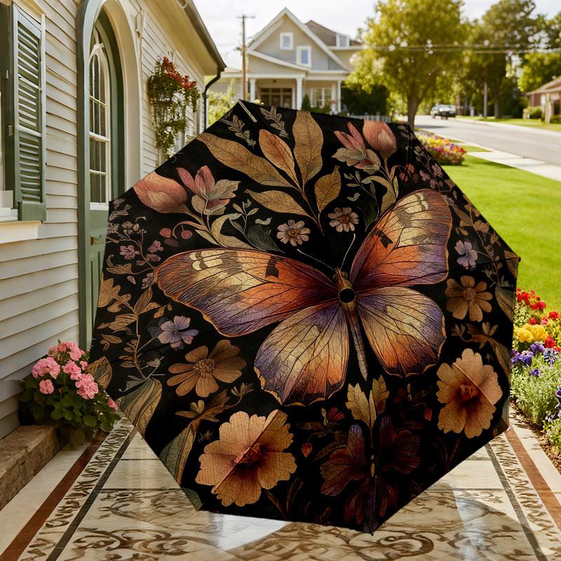 1pc Butterfly Flowers Automatic Folding Umbrella, Heavy Duty 8 Rib Iron Frame,  Suitable for Travel, Daily Use, Birthday, Decor Gift M0104078