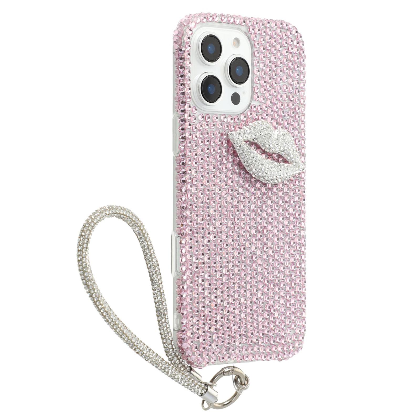 

For iPhone 16 Pro Max Case with Strap Full Rhinestone Lip Decor TPU+PC Phone Back Cover Pink