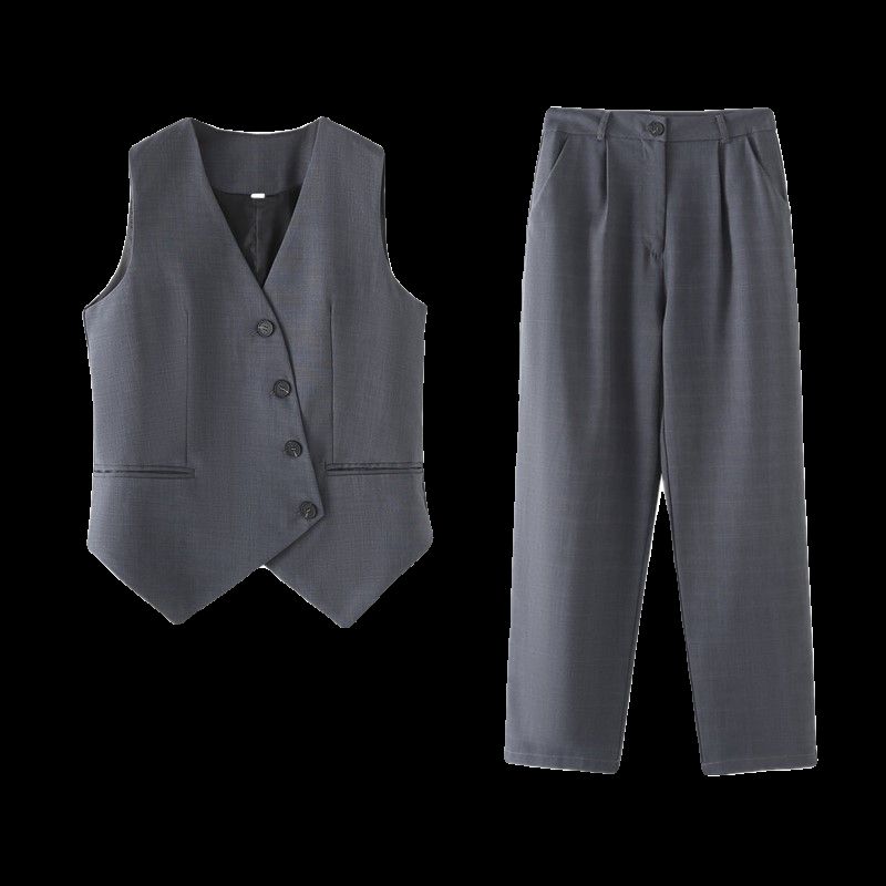 Western Style Foreign Trade Women Clothes New 2024 Fashion Solid Oblique Breasted Sleeveless Vest High Waist Slimming Pants Set