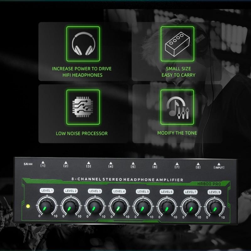 8 Channel Stereo Headphone Amplifier LED Sound Amplifier With Power Adapter EU US Plug Adapter Headphone Amplifier