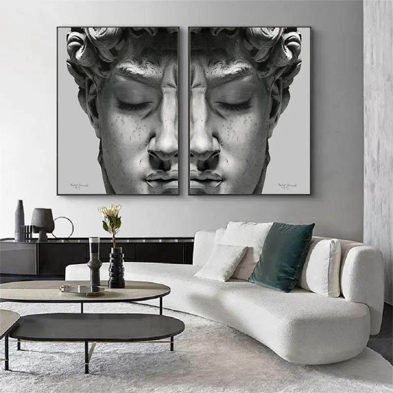 Retro Renaissance David Solid Sculpture Canvas Paintings Half A Face Portrait Print Posters Art Pictures for Room Wall Decor