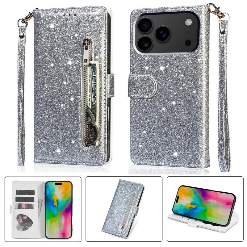 

Блискучий гаманець-книжка на блискавці для iPhone 17 16 15 14 Pro Max 13 12 11, розкішний, з кишенями для карток, тримач для телефону зі шкірозамінника For iPhone 11 срібний