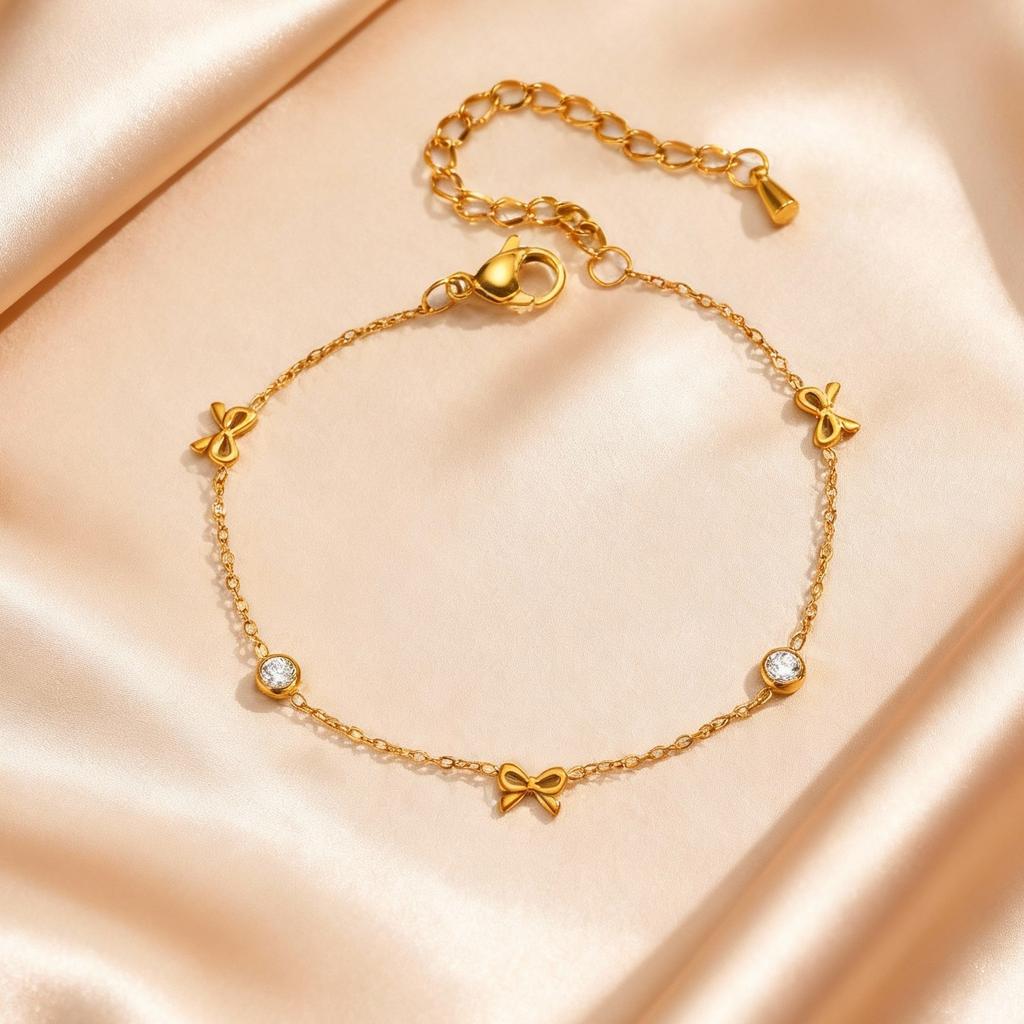 Dainty Bowknot Zircon Chain Bracelet for Women, Gold Plated Stainless Steel Thin Chain Charm Bracelet, Trendy Jewelry Party Gift
