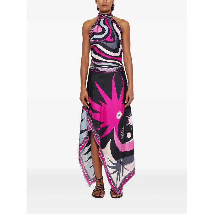 

Повседневный принт Отпуск Женские наряды Элегантные атласные пляжные комплекты Винтажные шнуровки Открытая спина Топы-халтер и нерегулярная юбка миди 2 предмета XL чёрный