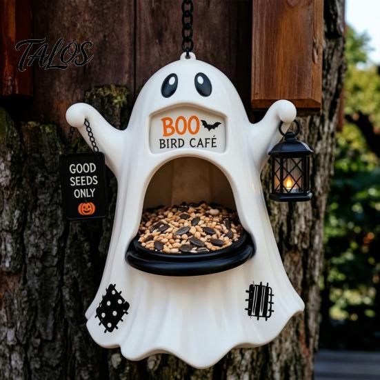 Holiday Garden Pendant Halloween Ghost Bird Feeder, Outdoor Hanging Big Mouth Wild Feeding Decor Station, Spooky Resin Statue for Outside Backyard