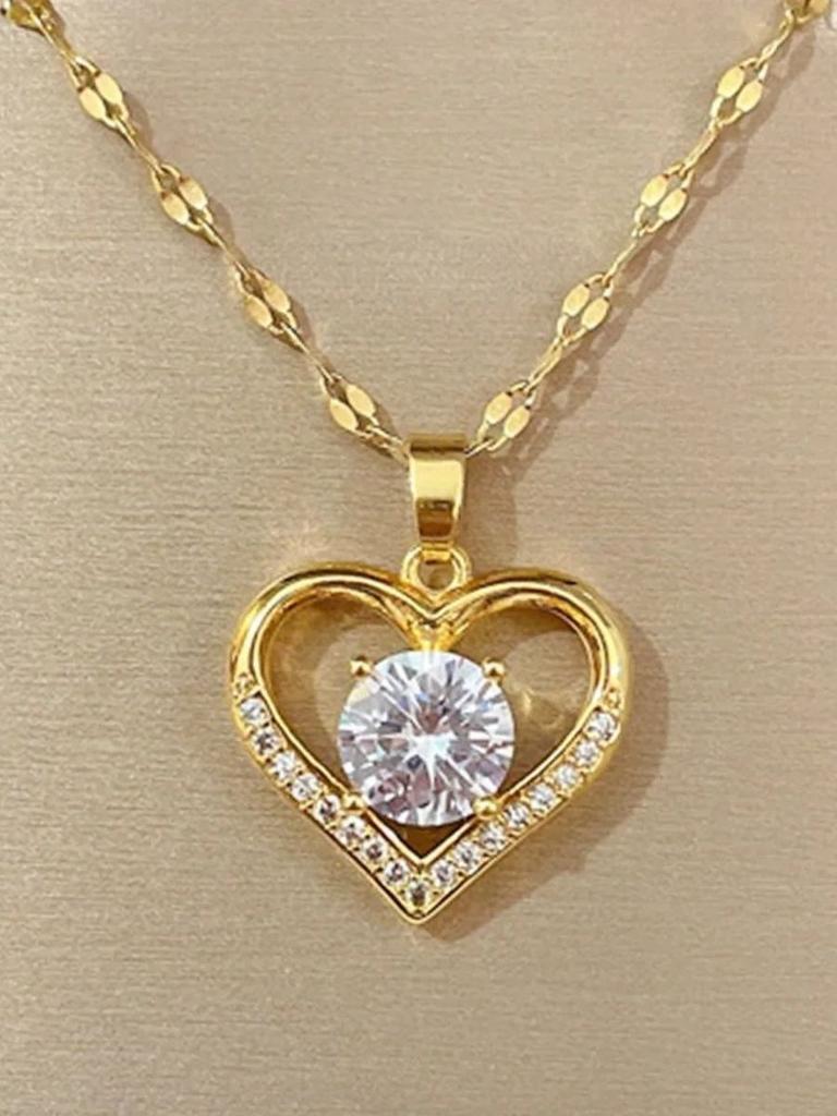 Artificial Gems Heart Pendant Necklace for Women Golden Stainless Steel Lips Neck Chain Female Necklaces Jewelry for Girl