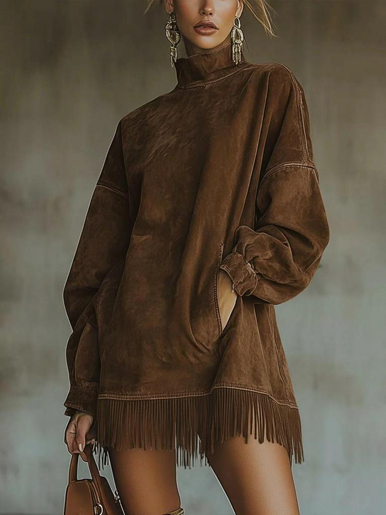 2026 High Neck Suede Dress with Tassels and Pockets