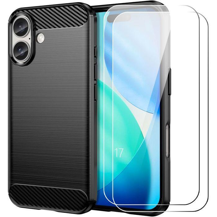 Coque pour iPhone 17 - BOOLING - Silicone Souple Noir Elégante Effet Fibre Carbone - 2 Verres Trempés
