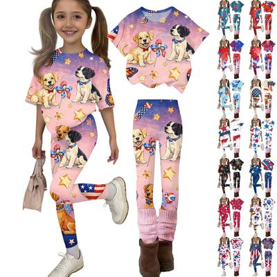 Jungen und Mädchen Unabhängigkeitstag Druck Set Kinder Freizeit Kurzarm Oberteil und Lange Hosen Set
