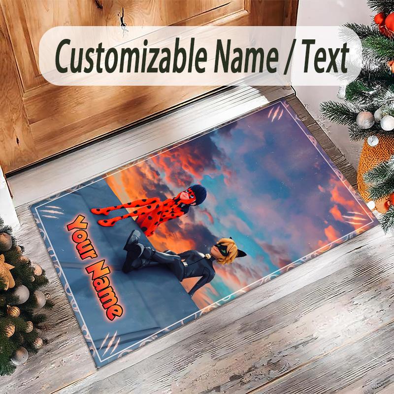 Personalized Crystal Velvet Carpet Custom Name Text,Miraculous Ladybug Anti Slip Area Rug For Home Decoration