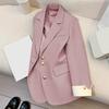 Women Suit Coat Lapel Long Sleeve Single Breasted Suit Jacket with Flap Pockets Loose Fit Basic Solid Color Office Commuting Outerwear