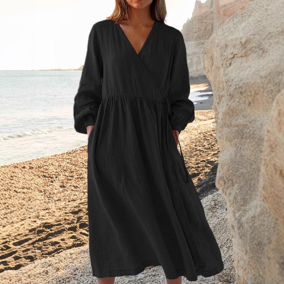 Women Summer Cotton Linen Dress Solid Color Loose Elegant Party Midi Dresses Casual Holiday Beach Dresses