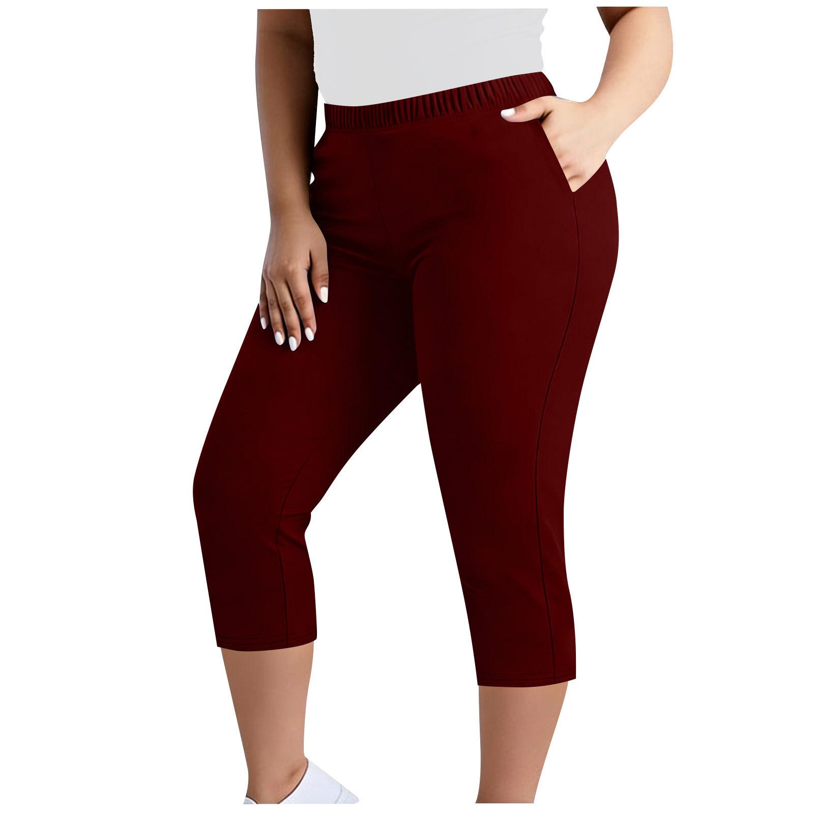 

Women’s Plus Size Stretch Capris Pants with Elastic Waistband and Pockets Comfortable Cropped Trousers for Daily Wear XL винний