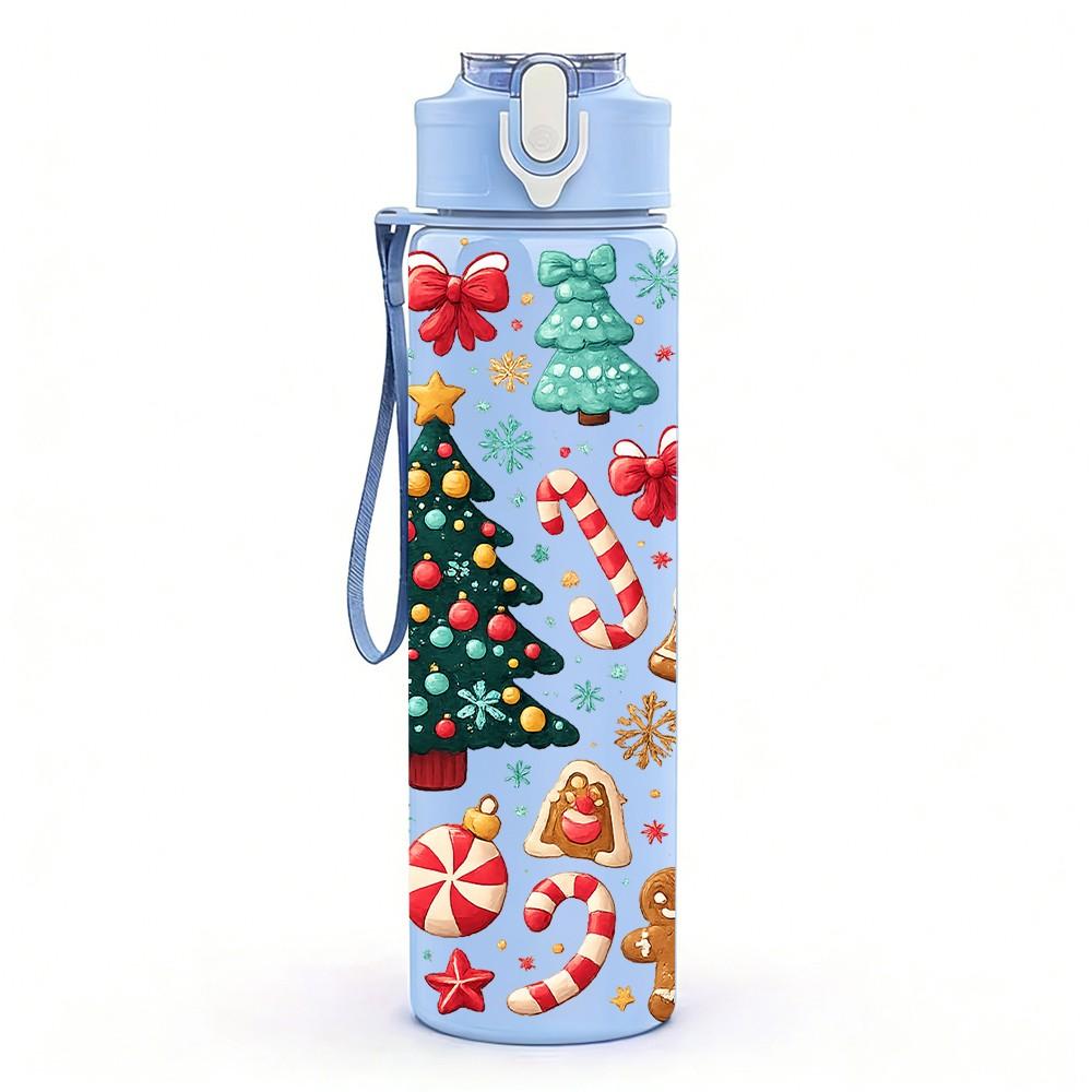 1PC Christmas Gnome Gift Festive Doodle Print 750ml Color Plastic Sports Water Bottle Leakproof Flip Straw Lid Suitable for Sports Office Home Use