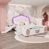 140*200cm Paturi pentru Copii cu Desene Animate, Pat Fluture cu Lumină LED Schimbătoare de Culoare, Echipat cu Tobogan și Scară, Material PU, Formă Frumoasă, Roz + Alb