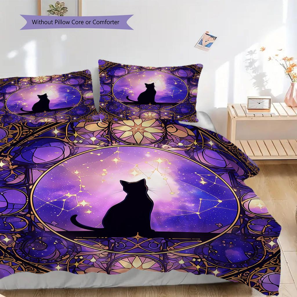 Black Cat Pattern Bedding Quilt Set Quilt Cover Pillowcase Home Decoration Birthday Gift (1 * Duvet Cover + 2 * Pillowcase, Without Core)