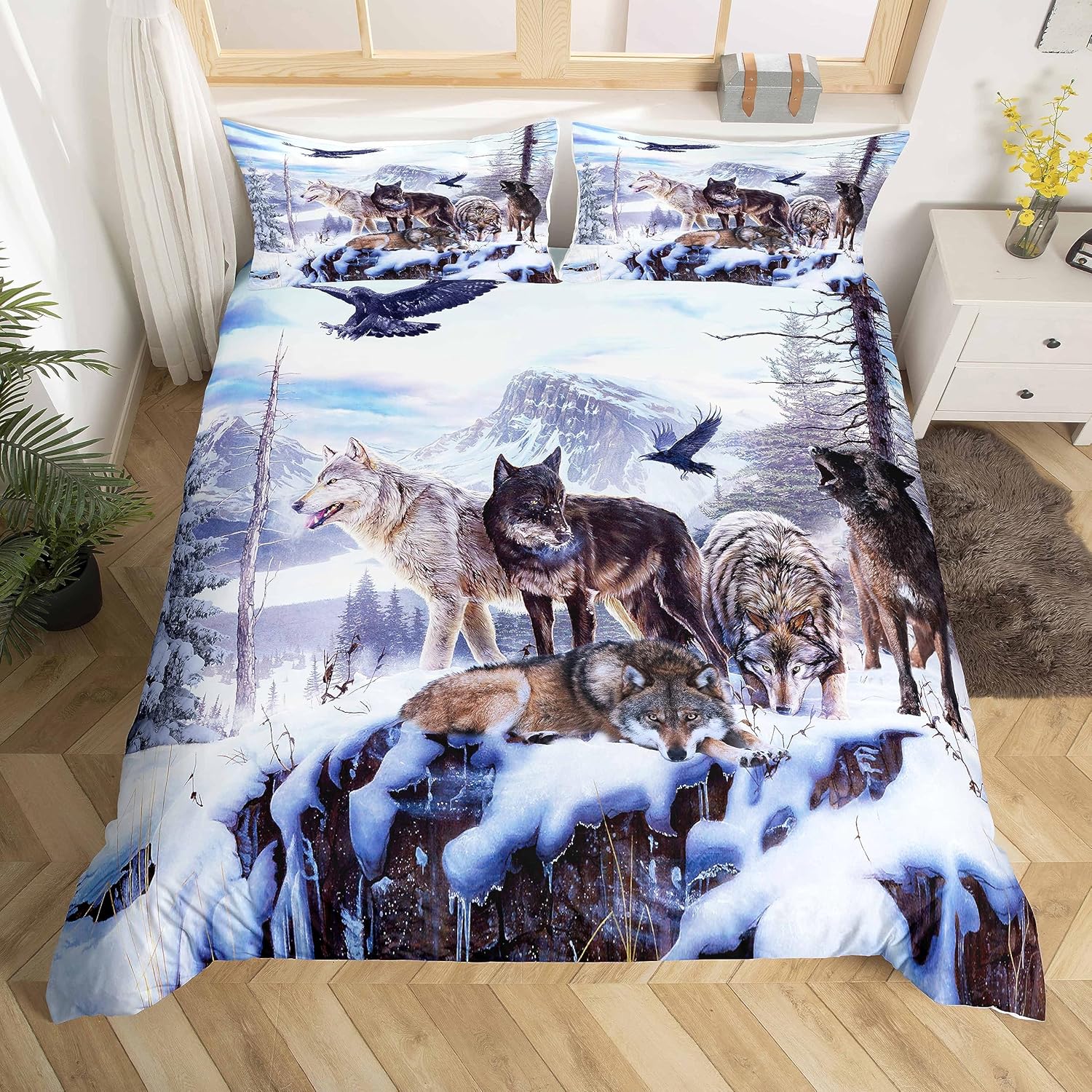 

Comforter 3D Wolf King Size Animals Print Bedding Set Lightweight Wildlife Microfiber Polyester Zipper Snow Forest Comforter (quilt)-EU Single(135*200cm)3pcs