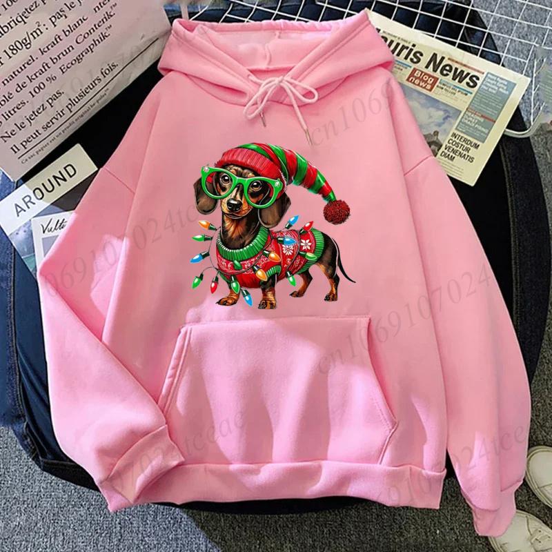 Cute Christmas Dachshund Graphic Hoodies for Women Dog Xmas Lights Print Sweatshirts Holiday Party Hoodies Christmas Hoody Gift