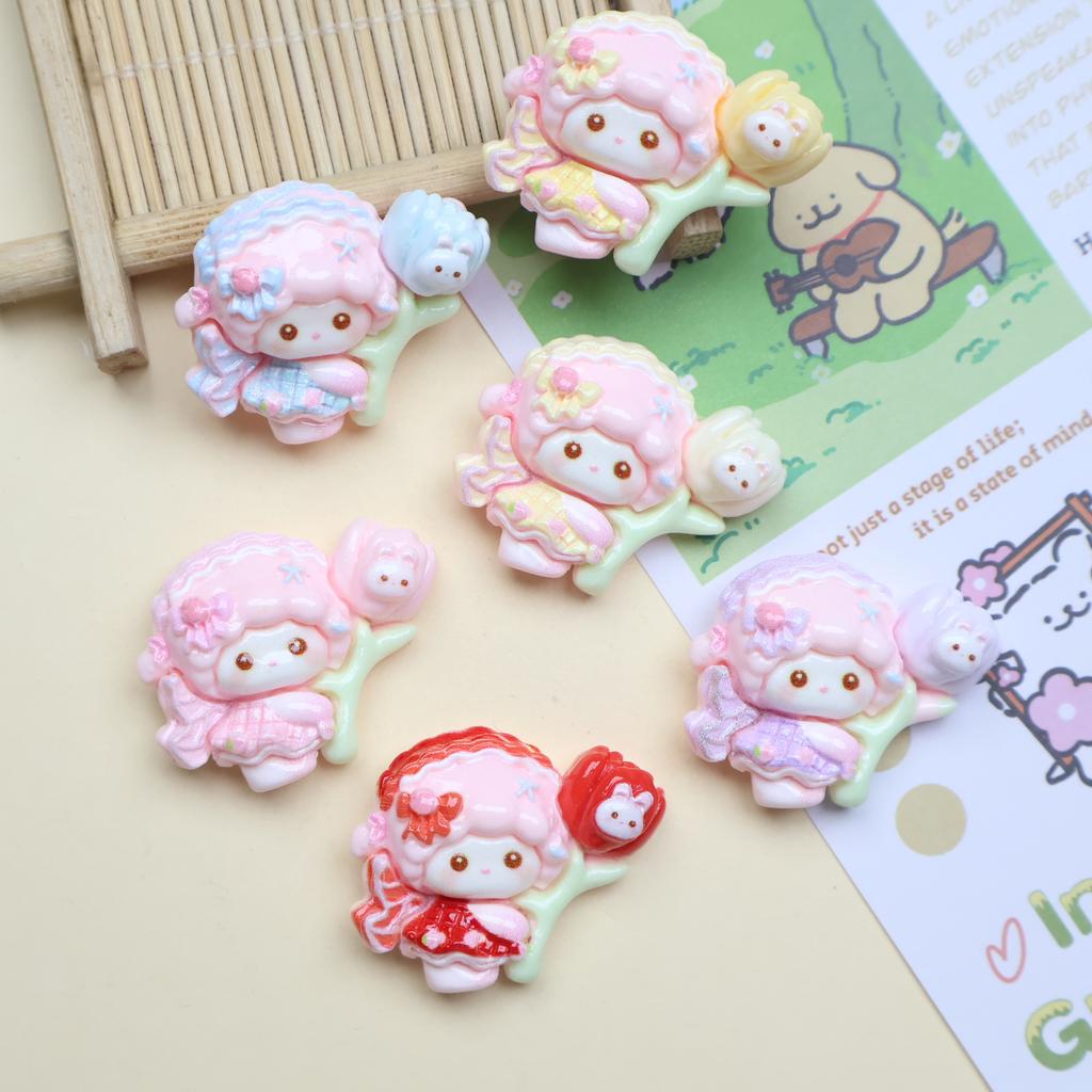 12/60PCS Cartoon DIY Resin Accessories, Lamb Flower Cream Glue Handmade Hair Clip, Phone Case, Keychain, Jewelry Accessories