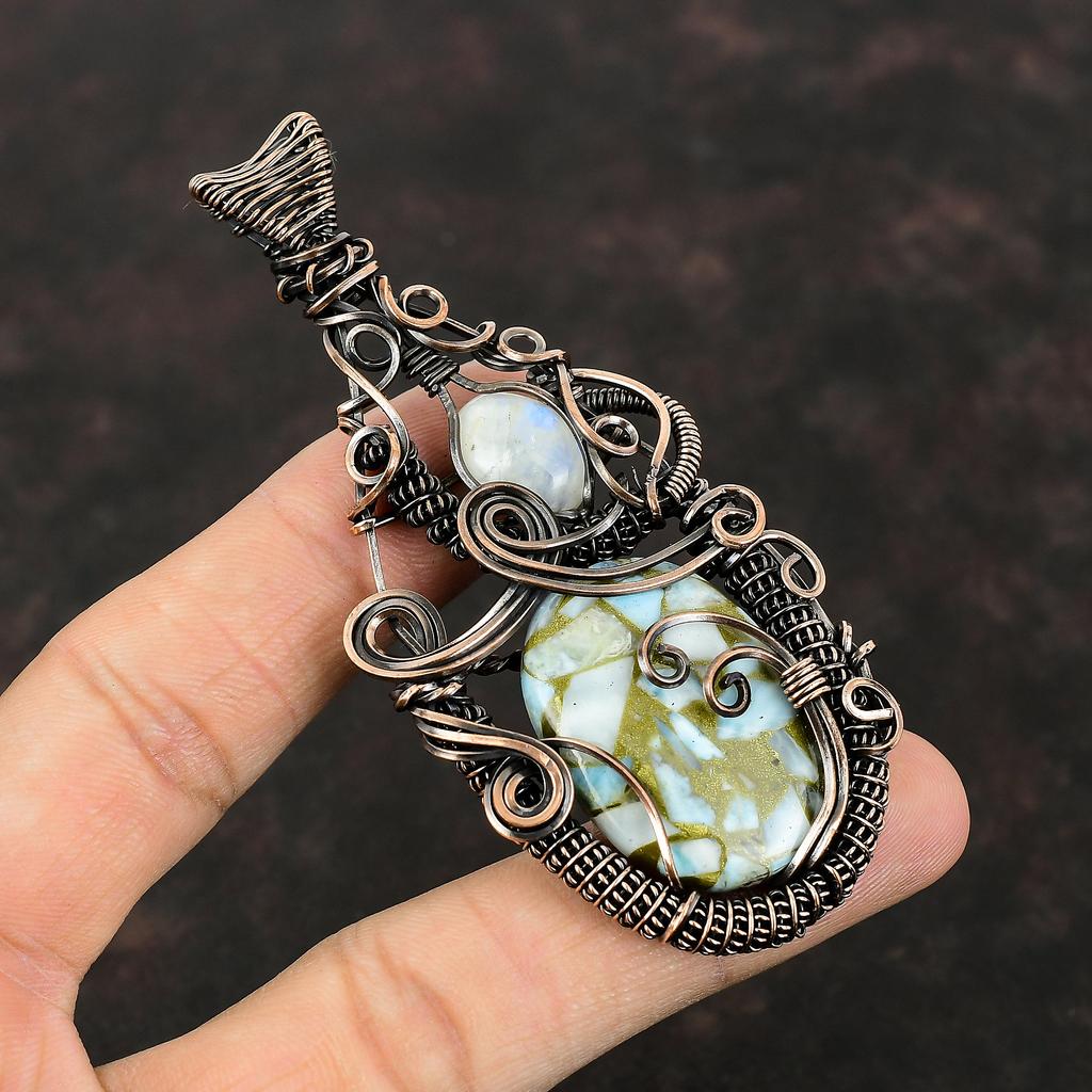 Copper Larimar Pendant Copper Wire Wrapped Pendant Rainbow Moonstone Pendant Copper Wire Wrap Jewelry Gift For Him Handmade Gemstone Jewelry
