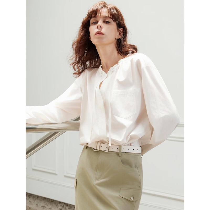 ELLE Women s French Style Pure Cotton Drawstring White Shirt M